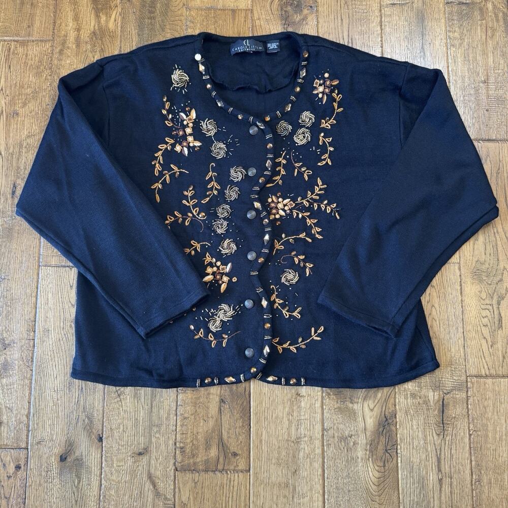 VTG Carole Little Cardigan Sweater Wool Blend Floral Beaded Embroidered Women L - Picture 1 of 5